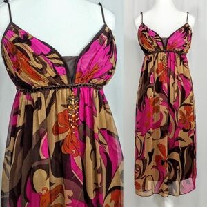 Nicole Miller Vibrant Pink and Tan Midi Dress